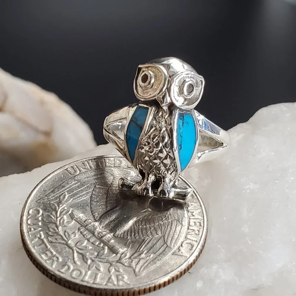 Sterling Silver 925 Ring Turquoise Stone Owl Jewelry Bird Designer Jewelry